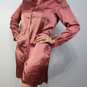 Vintage 70s Copper Satin Button-Front Lounge Shirt Dress